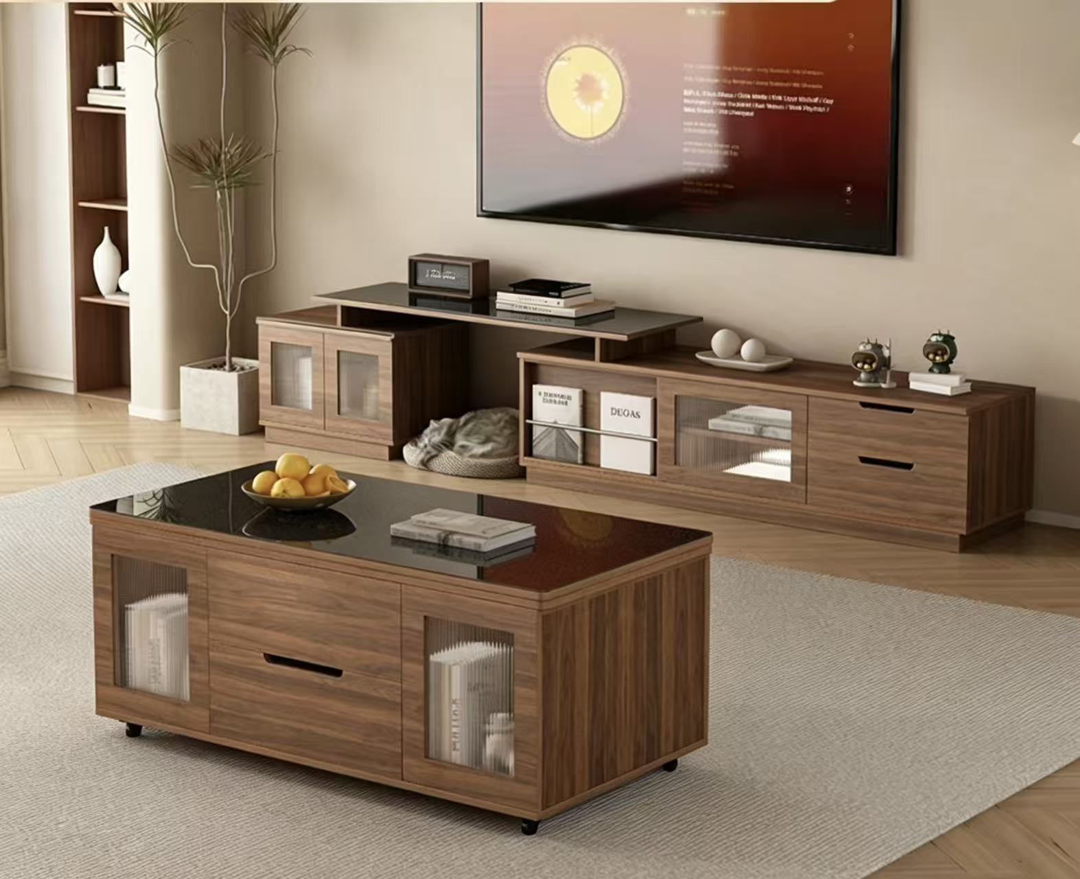 120 Mesa de Centro + 150 Soporte para TV, Cristal Negro, 4 Taburetes