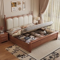 Lit plateforme vintage en bois massif de style ferme française avec vérin à gaz et rangement, lit capitonné cintrée pour chambre à coucher (tailles Queen et King)