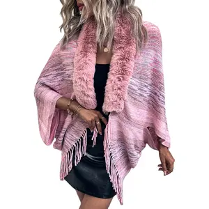 GEERDENG New Fashion Design Luxury Cape Pink Faux Fur Collar Pattern Poncho Women Colorful Knitting Sweater Cloak Capes for UK