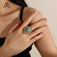 Bague ovale en pierre naturelle plaquée or avec halo de zircone cubique et bordure florale, grande bague vintage imposante, cadeau pour femme
