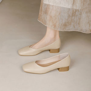 Escarpins en cuir véritable nude à talon carré, ornés de cristaux, talon bas, souples et confortables pour le quotidien, chaussures pour femmes - Product Image 1