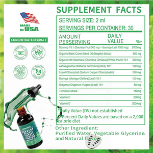 OEM Soursop Bitters Vloeibare 10-in-1 Vloeistof Met Zeemos, Moringa, Kurkuma, <span class=keywords><strong>Ashwagandha</strong></span> | Kruidendruppels voor Wellness - Product Image 2
