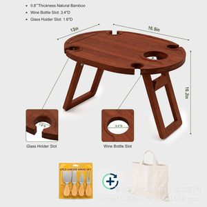 Outdoor Wooden Folding <b>Picnic</b> <b>Table</b> With Wine Holder And Knife Set Round <b>Portable</b> For <b>Picnics</b> Camping - Product Image 4