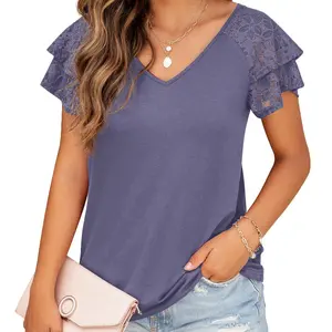 Púrpura gris verano Tops doble encaje manga camisas para mujeres cuello en V suelta Casual Tee túnicas
