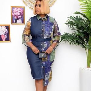 Abiti Estivi Eleganti da Donna di Design con Collo Alto, Stampa in Pizzo e Patchwork in Denim - Product Image 1