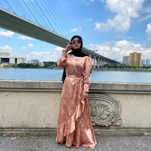 6572# Pretty Small Flowers Print V Neck Long Pleated Elastic Sleeves Special Bottom Fashion <b>Dress</b> Satin Material - Product Image 4