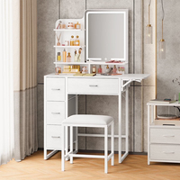 Coiffeuse lumineuse avec miroir, petite table de maquillage multifonction avec tiroir, étagères, panneau rabattable et prise de courant