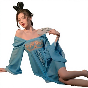 Completo <span class=keywords><strong>Intimo</strong></span> Sexy in <span class=keywords><strong>Pizzo</strong></span> Stile Cinese Antico a 2 Pezzi da <span class=keywords><strong>Donna</strong></span>, Abbigliamento <span class=keywords><strong>Intimo</strong></span> Esotico in Chiffon Stampato Senza Spalline con Fessura sui Fianchi - Product Image 2