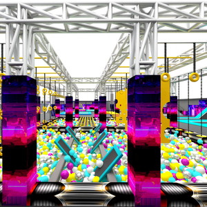 Aire de jeux intérieure personnalisée Aoleao Cyberpunk avec parcours ninja, piste de course sur trampoline et extension en hauteur, certifiée CE TUV - Product Image 2