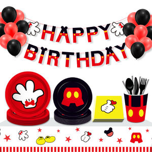 MM066 Set de vaisselle jetable sur le thème <span class=keywords><strong>Mickey</strong></span> Vaisselle en papier avec assiettes, tasses, serviettes, ballons pour fête d'<span class=keywords><strong>anniversaire</strong></span> d'enfants - Product Image 1
