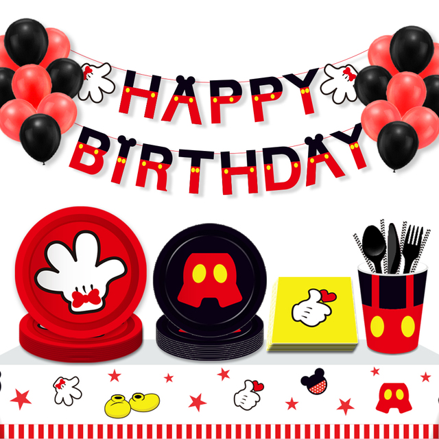 MM066 Mickey Theme Disposable Tableware Set Paper Tableware with Plates Cups Napkins Balloons for Kids Birthday Party Supplies