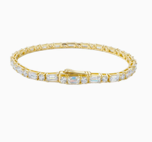 Women's Yellow Gold Plated Tennis <b>Bracelet</b> With Baguette Cut Moissanite Channel Setting Luxury Geometric Design Wedding Jewelry - Product Image 1
