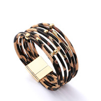 Bracelet en cuir multicouche créatif fait à la main, imprimé léopard, bracelets à manchette tendance avec boucle magnétique