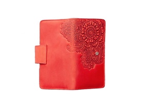 Cartera de cuero brillante con relieve para mujer, billetera de cuero de vaca auténtico con bolsillos para monedas, tarjetero de lujo, color rojo brillante - Product Image 2