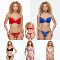 Ensemble de lingerie brodée en dentelle pour femme avec soutien-gorge push-up et string à chaîne en strass