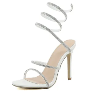 Aneikeh Rome Flock Party Shoes Sexy Open Toe Stilettos Women Snake Shape Circle High Heel Crystal Narrow Band Gladiator Sandals