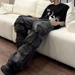 Pantalones Vaqueros Anchos de Estilo Hip Hop Urbano, Lavados a la Piedra, con Múltiples Bolsillos, para Hombre, Diseño Transpirable para Otoño, Invierno y Primavera, MOQ Bajo Personalizable - Product Image 4
