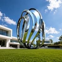 Sculpture Moderne Abstraite en Acier Inoxydable Poli Effet Miroir Creux, Ornement de Jardin Extérieur, Statue d'Art Métallique pour Place Publique