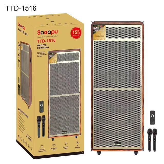 15 Inch Dual Wooden Cabinet Speaker Portable Wireless 60W Output With 2 Mics Battery Karaoke System for Outdoor Party