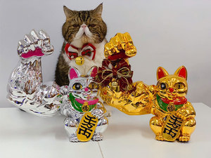 現代美術のおもちゃの家の装飾強い腕の筋肉が付いている幸運なプルタス猫クロームミラー面白い収納置物 - Product Image 3