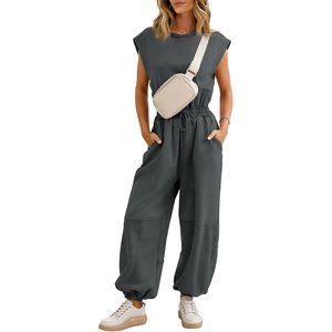 Combinaison décontractée pour femme, col rond, manches courtes, taille haute, pantalon large, tenue une pièce avec poches, printemps été, respirante - Product Image 1