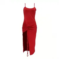 Gaun Maxi Bodycon dengan Tali Serut Samping dan Belahan Tinggi, Pakaian Kasual Musim Panas Tersedia dalam Warna Hitam dan Merah, Pilihan Grosir