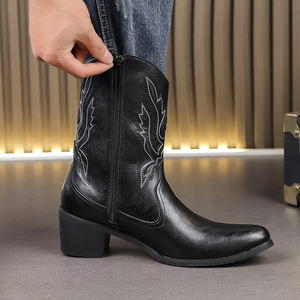 Botas de Cuero para Hombre, Estilo Casual, Botas Vaqueras Occidentales Bordadas Vintage, Botas con Punta Puntiaguda para Hombre - Product Image 6