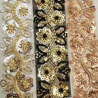 Bordure en dentelle à motif floral faite à la main avec des paillettes brillantes et des strass, en polyester/nylon, pour robes, sacs, chaussures - Accessoires pour mariage et abaya