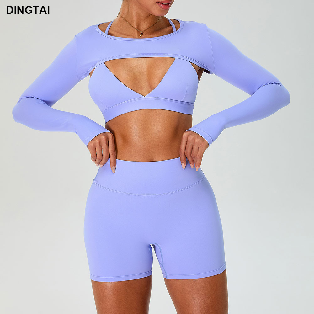 GuangZhou DingTai Plus Breathable Spandex/Nylon Workout Sports Long Sleeve Women Simple Cross Back Front Quick Dry Compression