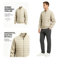 Blouson Bomber Homme en Polyester Beige Clair Matelassé Style Hybride Manches Lisses Poches Zippées Bordure Côtelée Manteau Décontracté d'Extérieur