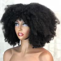 Wig Rambut Manusia Ikal Ikal Afro Mongolia, 100% Grosir Wig Brasil Virgin, Wig Afro Pinggiran Kutikula Selaras untuk Wanita Warna Hitam