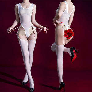 Sexy See-Through Bodysuit With Suspenders 5D Nylon Satin Open-Crotch Lingerie For Women - Product Image 3