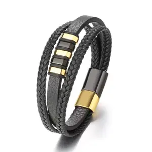 Venta caliente Popular de alta calidad religiosa encanto pluma Muliti capa trenzada pulsera de cuero tejido para hombres