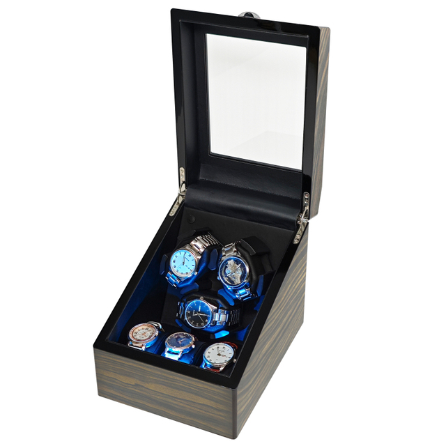 Luxury Automatic Watch Winder for 6 Watches With 5 Rotation Modes Quiet Motor Blue Led Light Ebony Wood Grain Piano Finish Case