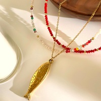 Collier en acier inoxydable avec chaîne perlée en acrylique colorée style bohème pour femme, pendentif poisson massif plaqué or 18 carats, bijoux étanches