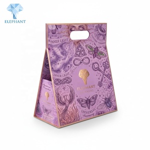 Caja de embalaje plegable personalizada para velas con diseño de elefante morado, caja de regalo de papel plegable impresa con lámina dorada personalizada con asa, venta al por mayor - Product Image 2