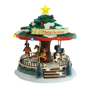 Plástico LED Carrossel Music Box Árvore De Natal Carrossel Com Turning vila natal estatueta música VILA DE NATAL