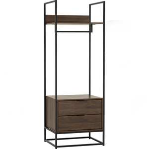 Modern Industrial CAPRI Open Wardrobe with Drawers Walnut Finish Metal Frame Clothes Rack for Loft and Boutique Bedroom - Product Image 1