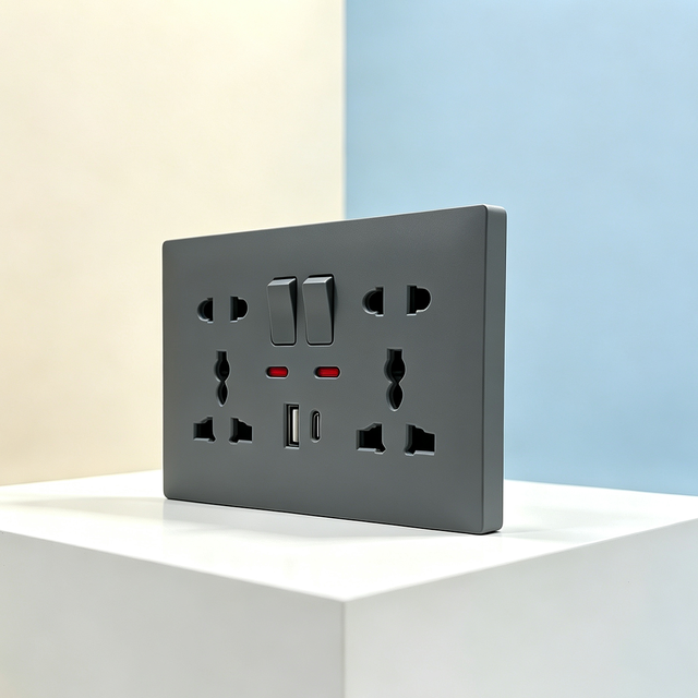 Bronze Contact Red Indicator A6 Series Dual 5Pin Universal Multi Hole Switched Wall Socket With USB Type C Port