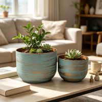 Set 2 Pot Tanaman Logam Turquoise Brushed Metal Vintage Distressed Bulat untuk Dekorasi Rumah dan Taman di Meja Dalam Ruangan