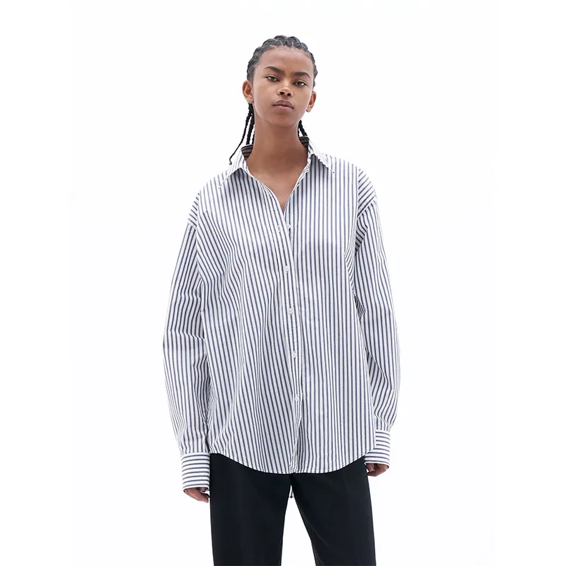 Blusa holgada informal de manga larga con botones para mujer, blusa de estilo clásico a rayas con cuello vuelto