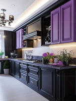 Meuble de cuisine noir de luxe gothique, îlot violet sur mesure, zone de cuisson modulaire en bois massif, design de mobilier royal