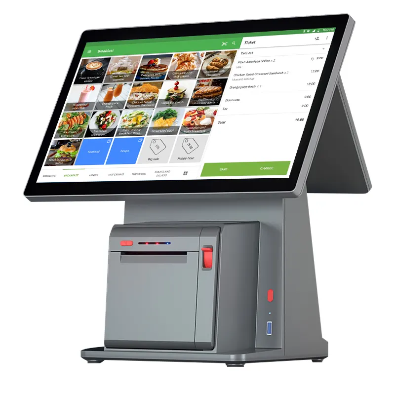 14 Inch Cash Register Mahine Windows 10 Android 11 Dual Screen Point Of Sale All In One Pos System with Built in Printer Scanner