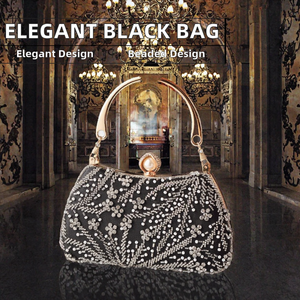 Classic Elegant <b>Black</b> Square <b>Evening</b> Clutch <b>Bags</b> Women Metal Handle Banquet Party Wedding Beading Decoration Polyester Lining - Product Image 2