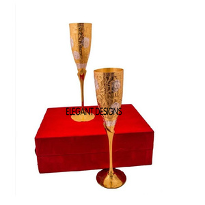 Indian Exporter Metal Brass <b>Goblet</b> Set Four Pieces Gold Plated with Embossed Silver Finish Handmade Wine <b>Goblet</b> - Product Image 3