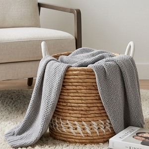 Handcrafted Water Hyacinth Storage <b>Basket</b> With <b>White</b> Rope Accent Boho Woven <b>Laundry</b> Hamper Cotton Handles For Home Decoration - Product Image 5