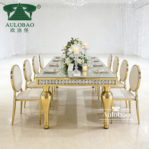 Hotel Hall Tempered Glass Top Stainless Steel Gold Wedding <b>Tables</b> With Crystal - Product Image 3