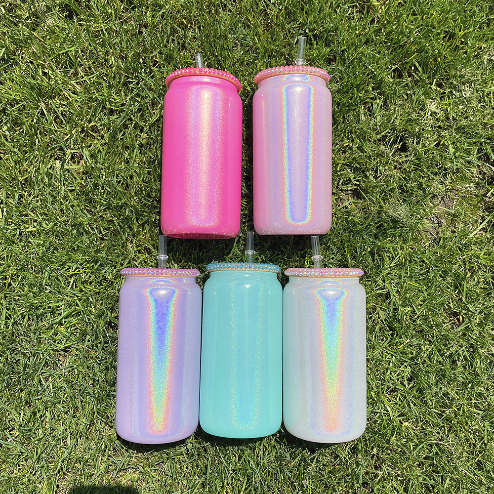 Склад США, 16 унций, белая блестящая пустая сублимационная пивная стеклянная банка с бамбуковой крышкой, цветная кружка мерцания с соломой для «своими руками»