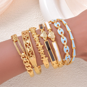 Enamel <b>Stacked</b> Bulk Wholesale 18K Gold Plated Stainless Steel Heart Design Zircon Elegant Versatile Unisex Bangle <b>Bracelet</b> Set - Product Image 2