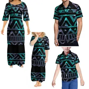 Hot Selling Big People Oversize 9XL Puletasi Dresses Hawaii Polynesian Luxury Design Men's Aloha Shirts Family Four Piece Set